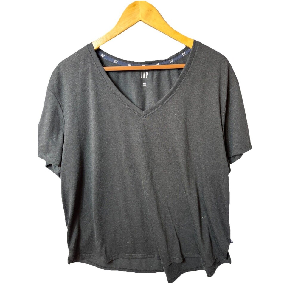 Gap Woman’s Black V Neck Tshirt Short Sleeve Size XXL Poly Linen Basic